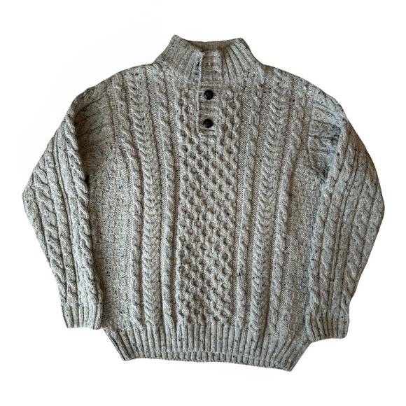 LL Bean Aran Knit Sweater XL Beige Fisherman Heavy Wool Pullover Minimalist